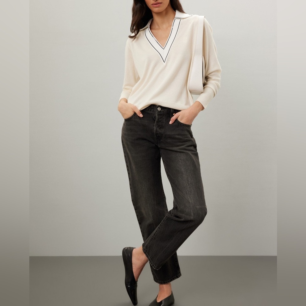 Sandro Alizia V Neck Collared Wool & Cashmere Sweater in Cream and White - Picture 2 of 10